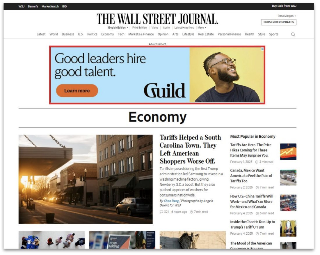 Guild banner reading Good leaders hire good talent on the Wall Street Journal homepage.
