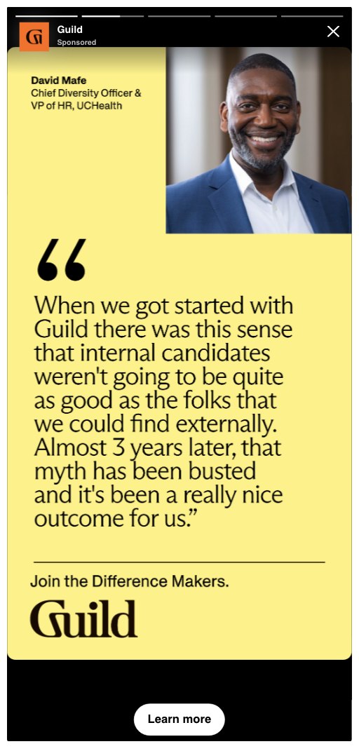 Story ad carrying a customer quote about internal candidates.