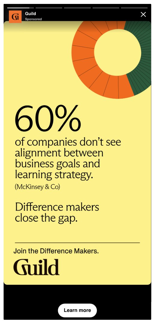 Story ad citing that 60% of companies don't see alignment between business goals and learning strategy.