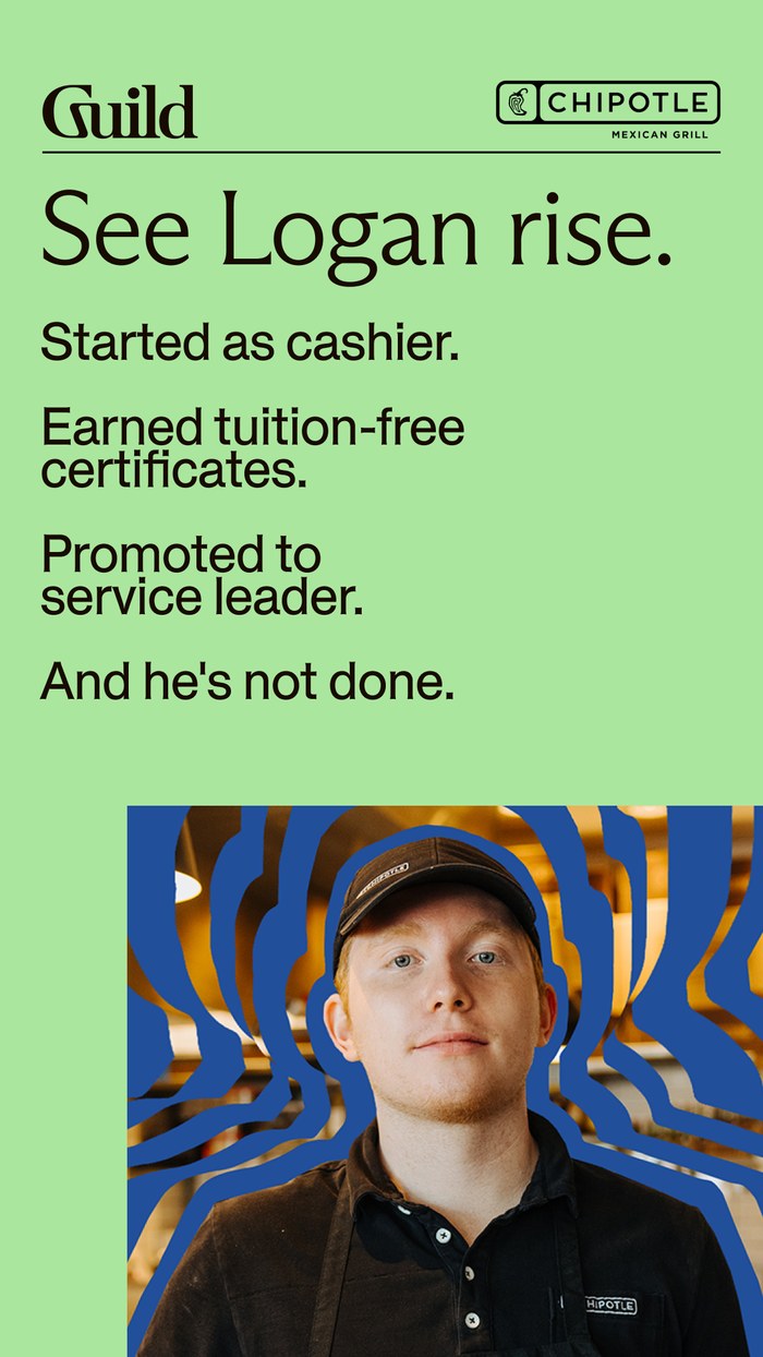 Social story ad reading See Logan rise, listing his promotions at Chipotle.