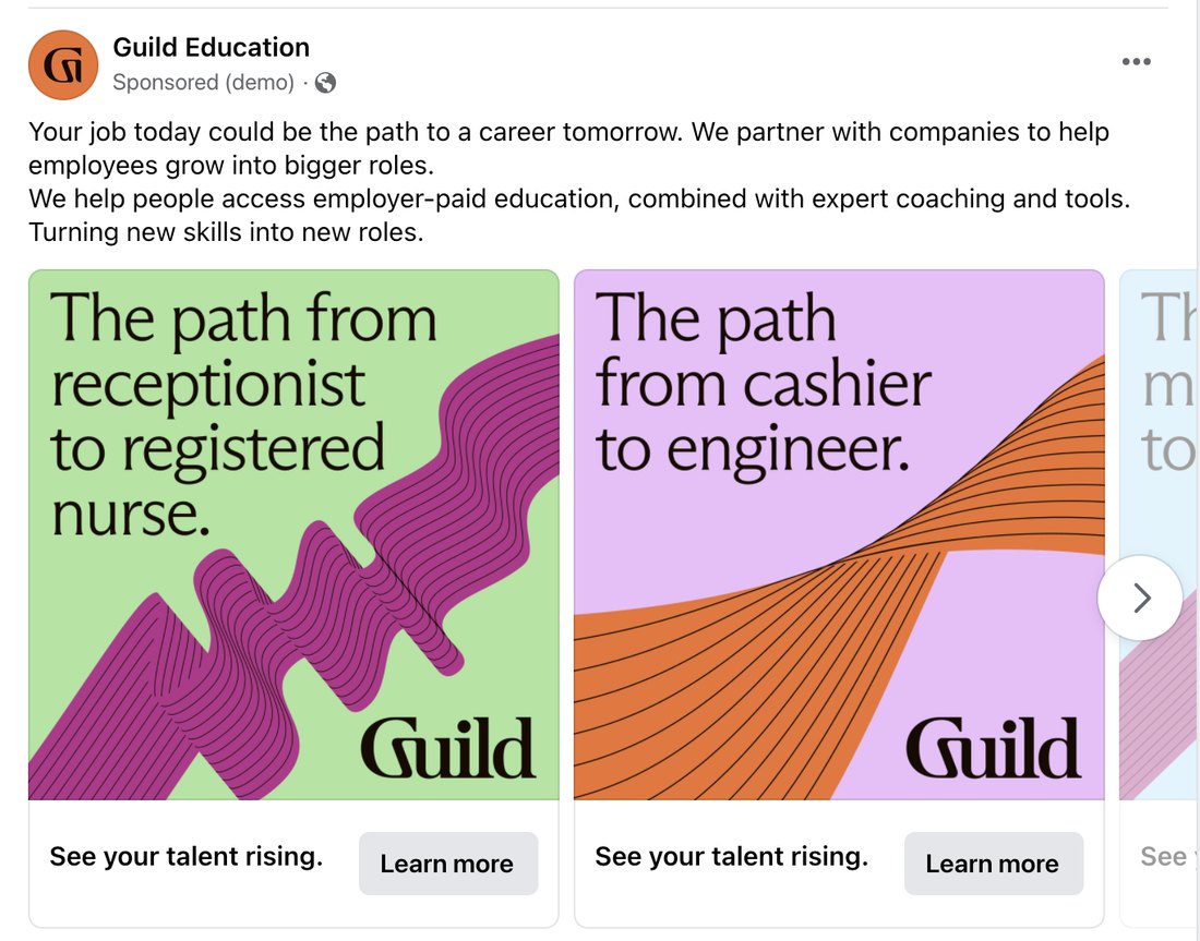 Paid social carousel showing two career pathway cards.