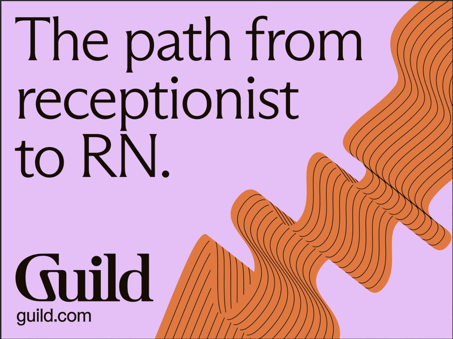 Display ad reading The path from receptionist to RN, in the rebranded Guild identity.