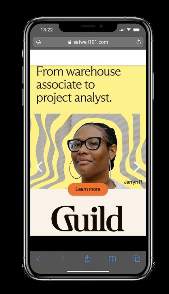 Rich media unit on a phone reading From warehouse associate to project analyst.