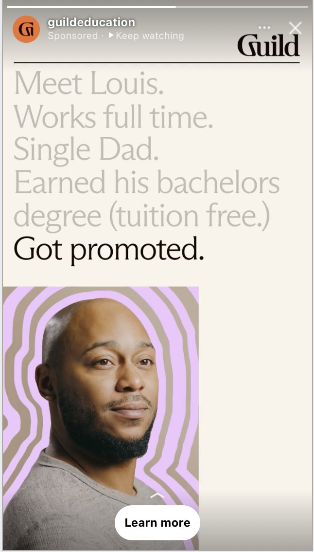 Instagram story ad introducing Louis, who earned his degree tuition-free and got promoted.