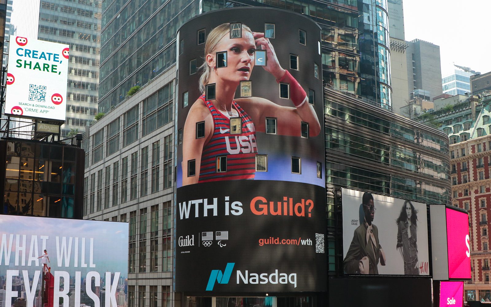 WTH is Guild? creative on the Nasdaq tower in Times Square.